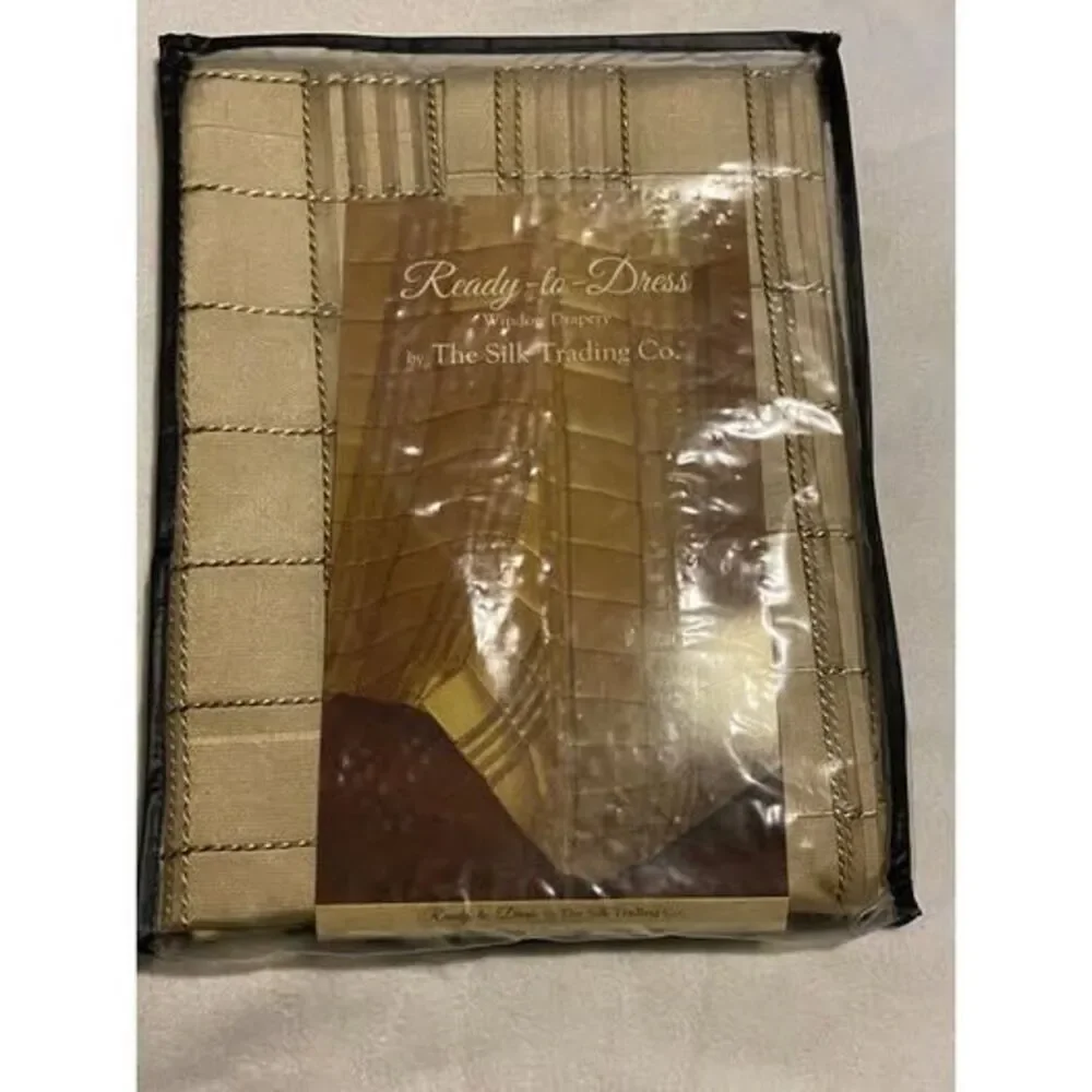 100% Vtg Sheer Silk Grid Pattern Curtain 50X84 Window Drapery Gold/Cream